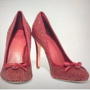 TORY BURCH Phoenix Soho Lux Suede Crystal Jeweled Conceria Cameo Pumps